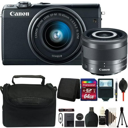 Canon EOS M100 24.2MP Mirrorless Digital Camera Black with 15-45mm Lens, 28mm Macro Lens and 64GB Accessory