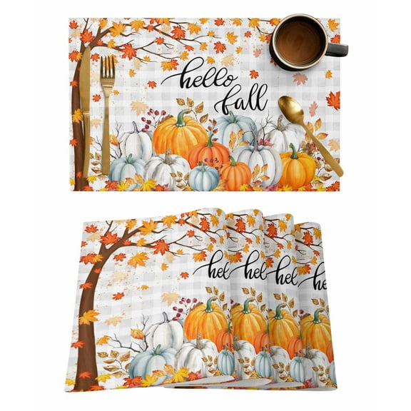 Hello Fall Placemats Set of 1 Thanksgiving Orange White Pumpkin Leaf Plaid Heat Insulation Washable Place Mats, Rustic Non-Slip Table Mats for Dining Table Party Kitchen Decor,13x19 Inch