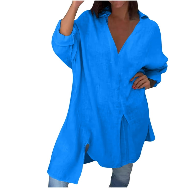 Aunvito Women's Casual Cotton Linen Shirt Dress Loose Fit with Side Split Detail Long Sleeve Turn-Down Collar Pure Color Pre-Shrunk, Size: 3XL, Blue