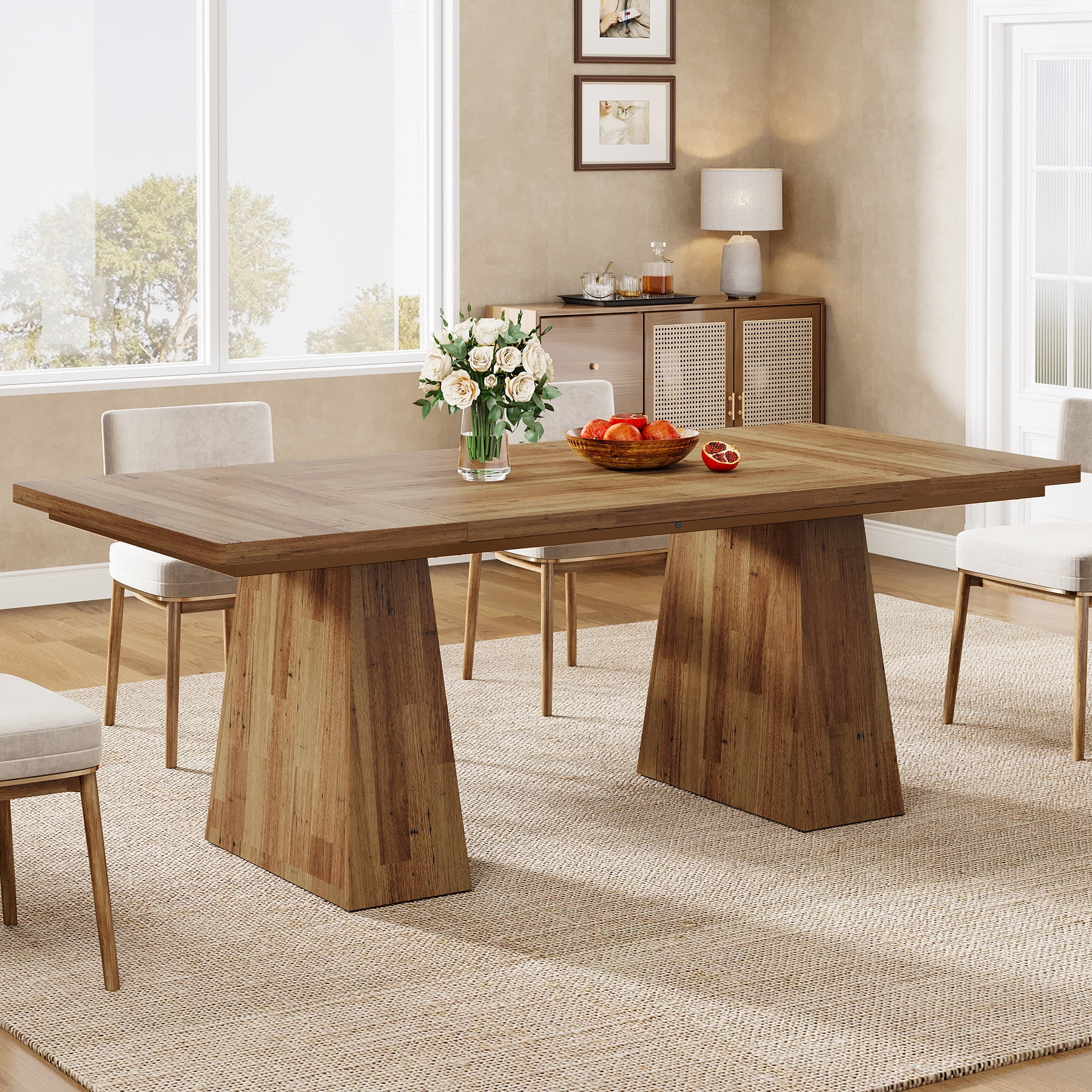 Finmind 63-inch Farmhouse Dining Table for 4-6 People, Modern Wooden Rectangular Kitchen Table for Dining Room, Light Brown