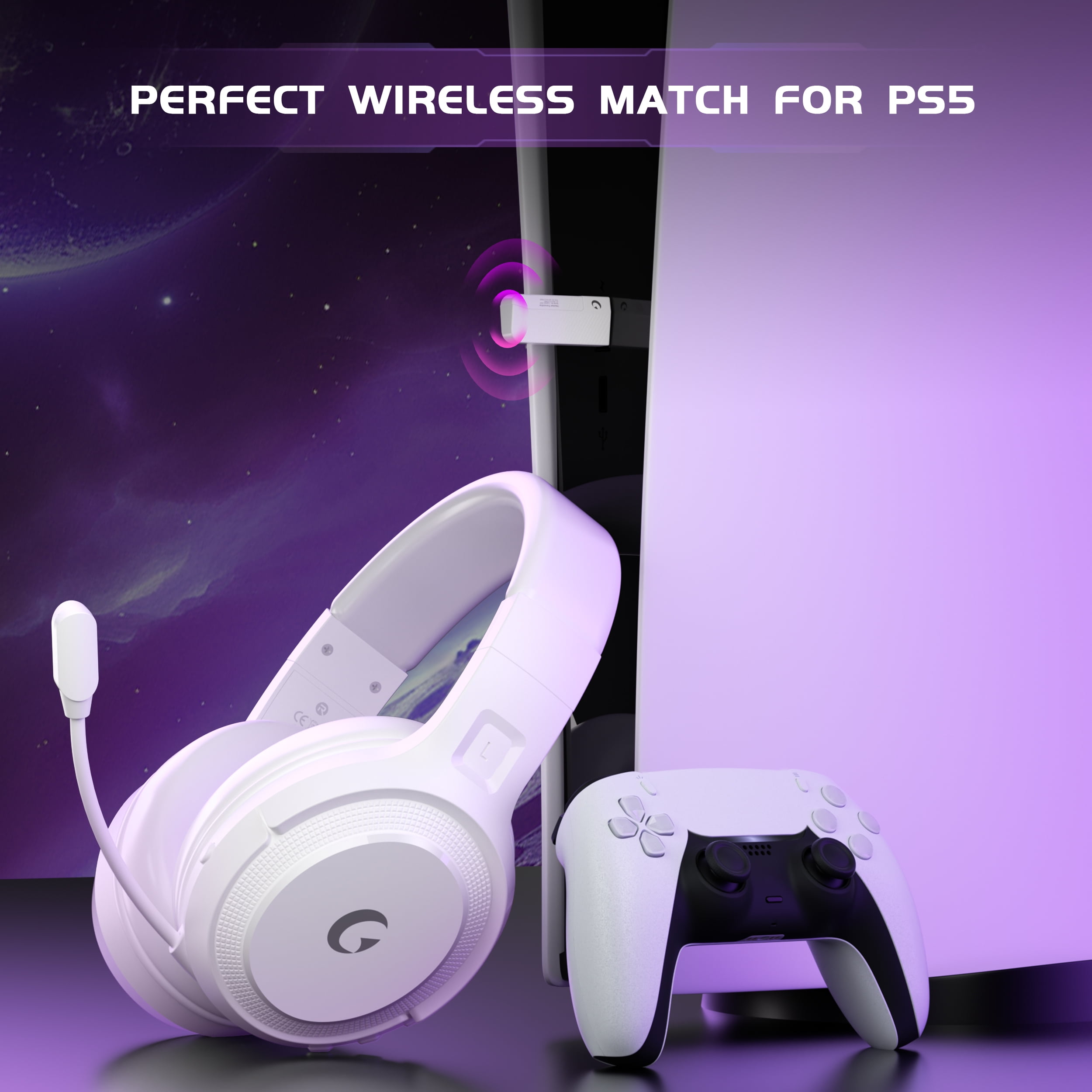 AYEDLOE Wireless Gaming Headset for PC, PS5, PS4, Switch, Mac with Dual EQ (Game & Music), 2.4G USB Gaming Headphones with Noise Cancelling Mic, 50H Playtime, 3.5mm Wired Mode for Xbox, White