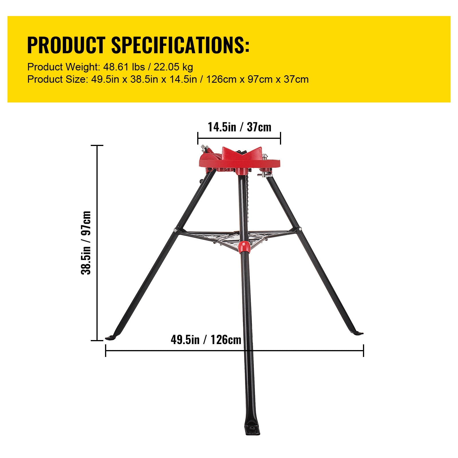 KFFKFF 460-6 Tripod Pipe Chain Clamp with 1/8"-6" Range, Portable Folding Steel Legs, Pipe Support Stands Including Tool Tray, Perfect for Various Pipe Substances