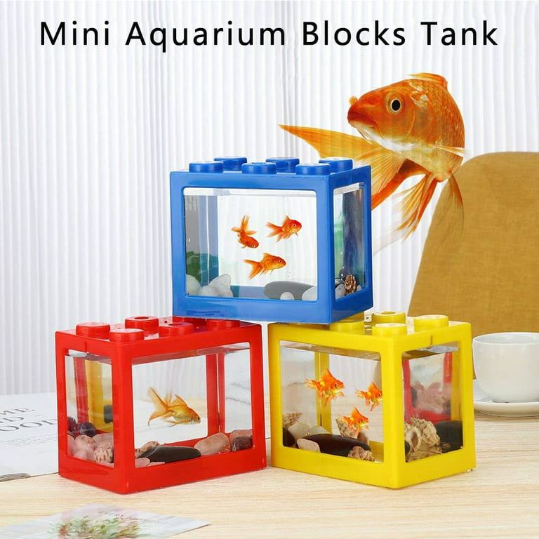 Fusswind Small Fish Tank, Mini Aquarium Starter Tank Kit with LED Light Building Blocks Fish Tank Desktop Decor, Size: 12.5 x 8.5 x 10.5 cm/4.72 *