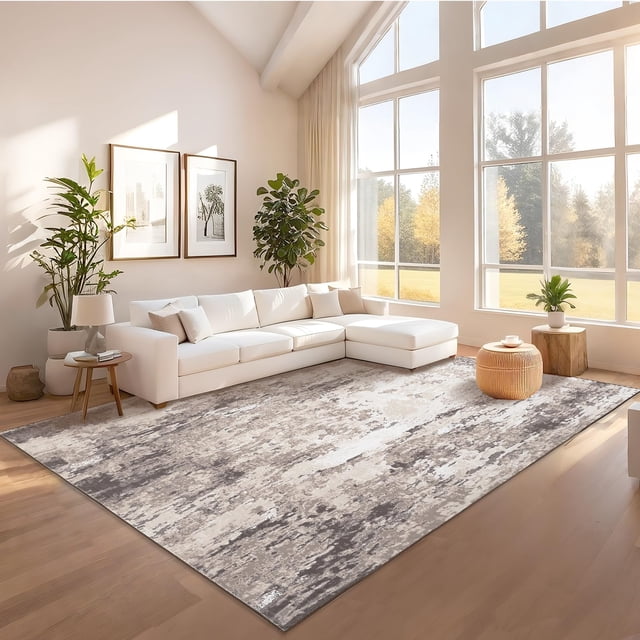 Modern Abstract Area Rug – Washable, Ultra-Thin Carpet with Non-Slip Backing, Mark Resistant, Non-Shedding, Easy Clean, Collapsible – Brown, 8x10ft (244x305cm), USA Stock