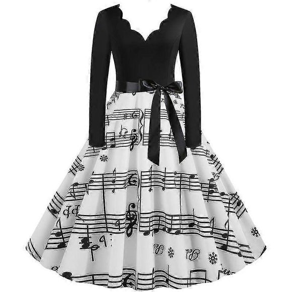 Women Musical Note V-neck Swing A-line Dress Long Sleeve Retro Fancy Evening Party Dresses