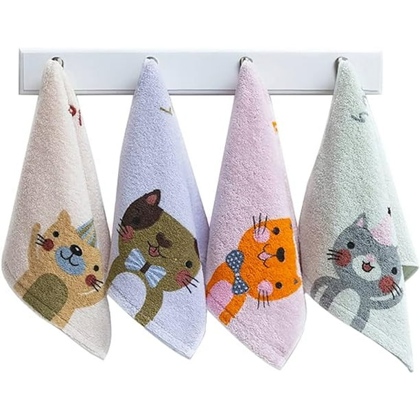 Juego de 4 toallas de baño de mano con diseño de gato de dibujos animados,  toallas de baño con punta de los dedos para el hogar, paños para niños de  algodón puro,