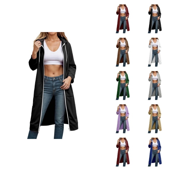Long Hoodies for Women 2025 Fall Winter Long Sleeve Full Zipper Plain Hooded Sweatshirt with Pockets Jacket Coat