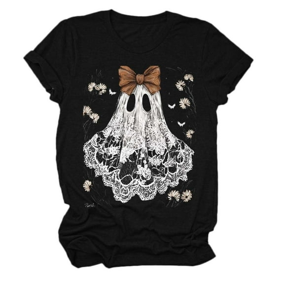 Halloween Ghost Shirts for Women Casual Short-Sleeved Ghost Print T-Shirt Retro Fall Spooky Season Tees Tops