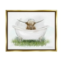 Country Highland Cattle Bathtub Animals & Insects Graphic Art Metallic Gold Framed Art Print Wall Art