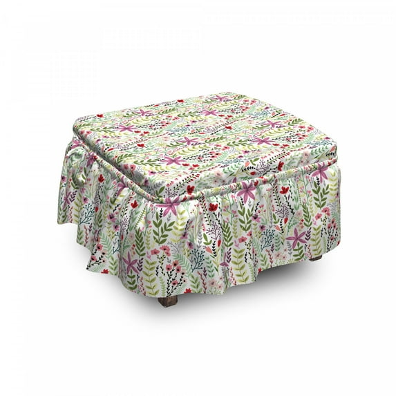 Spring Ottoman Cover, Pointy Petals Flowers Art, 2 Piece Slipcover Set with Ruffle Skirt for Square Round Cube Footstool Decorative Home Accent, Standard Size, Multicolor, by Ambesonne