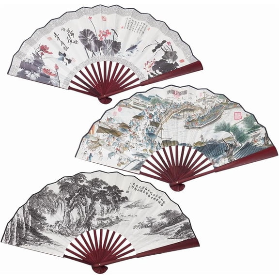 3 Styles Folding Fan with Chinese Traditional Painting Fabric Hand Fans Large Chinese Style Handheld Fans Calligraphy Pattern Foldable Fan for Party Dancing Performance Cosplay Wall Decor