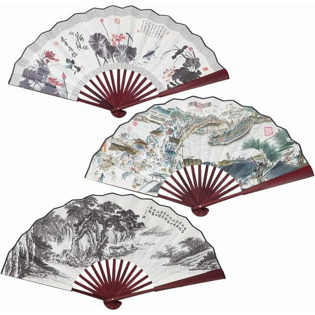 Abanico plegable de 3 estilos con abanicos de mano de tela con pintura tradicional china, abanicos de mano grandes de estilo chino con patrón de caligrafía, abanico plegable para fiestas y bailes.