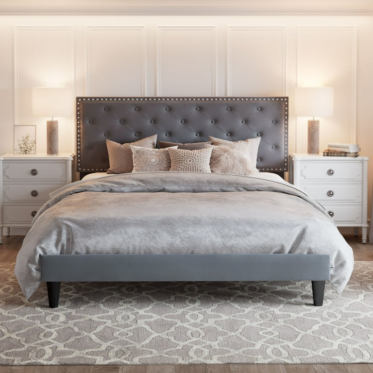 Amolife Queen Bed Frame with Adjustable Velvet Studded Headboard Grey