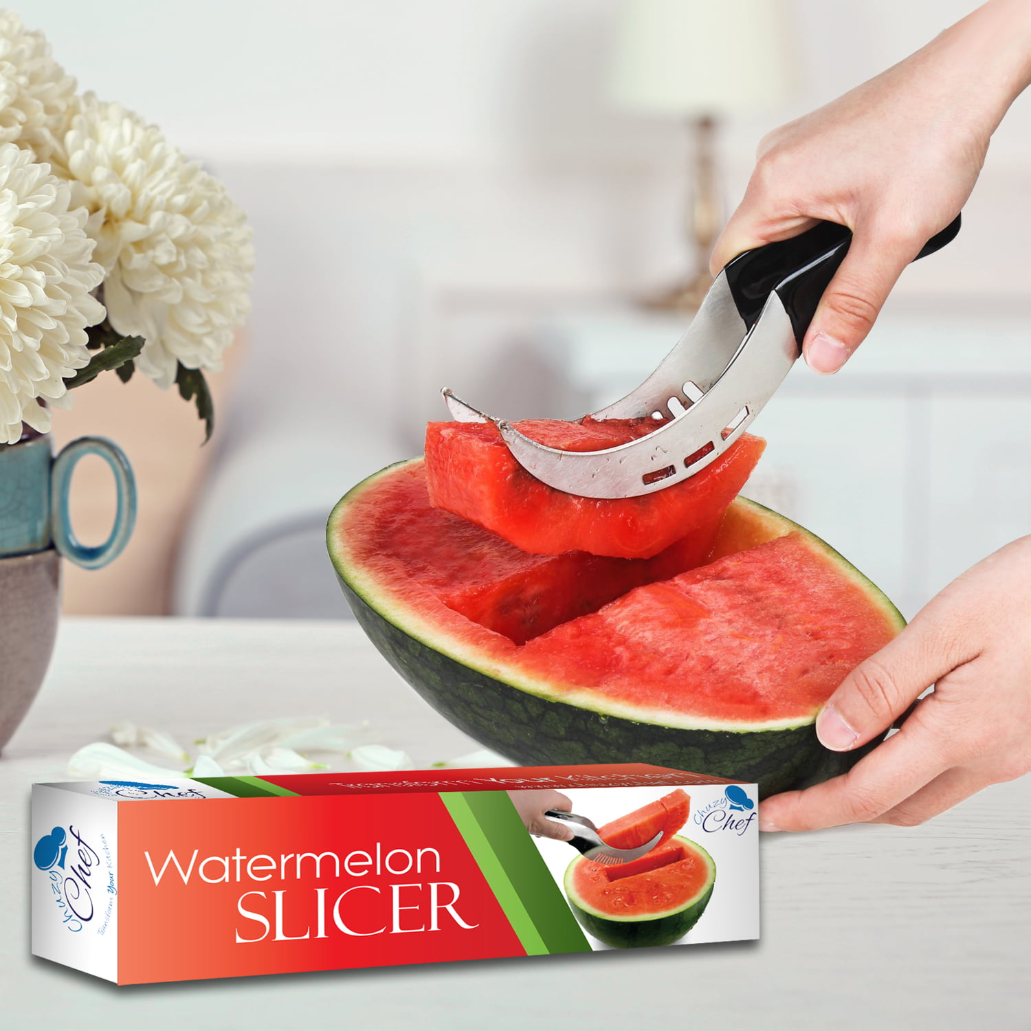 Extra Large Watermelon Slicer Cutter Comfort Silicone Handle,Home Stainless  Steel Round Fruit Vegetable Slicer Cutter Peeler Corer Server for