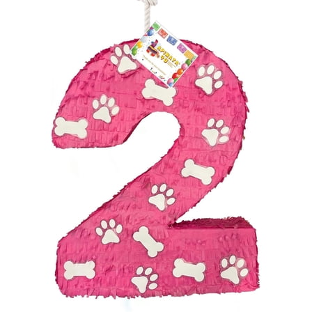 20" Tall Number Two Pinata Puppy Themed Paw & Bone Accents Second Birthday Party Decoration Pink & White Let’s Pawty