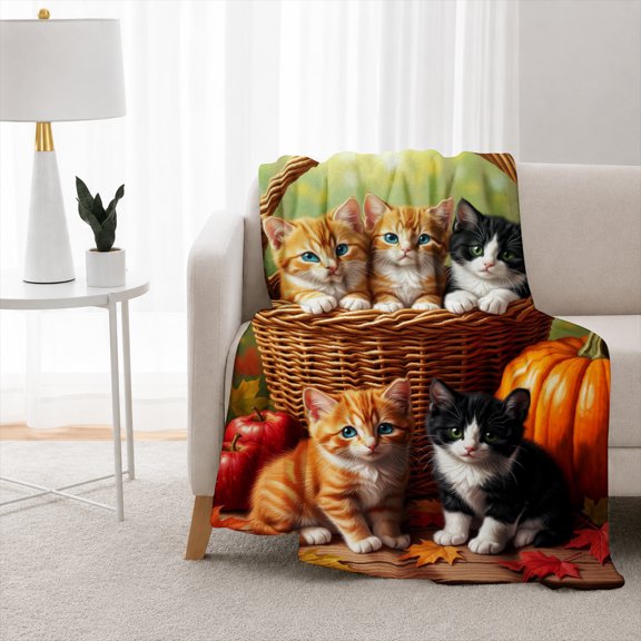 SPXUBZ Flannel Fleece Blanket Cute Cats in Basket Pumpkin Fall Leaves Pattern Soft Cozy Throw Blanket Warm Lightweight Blanket for Bedroom Sofa Couch Home Decor