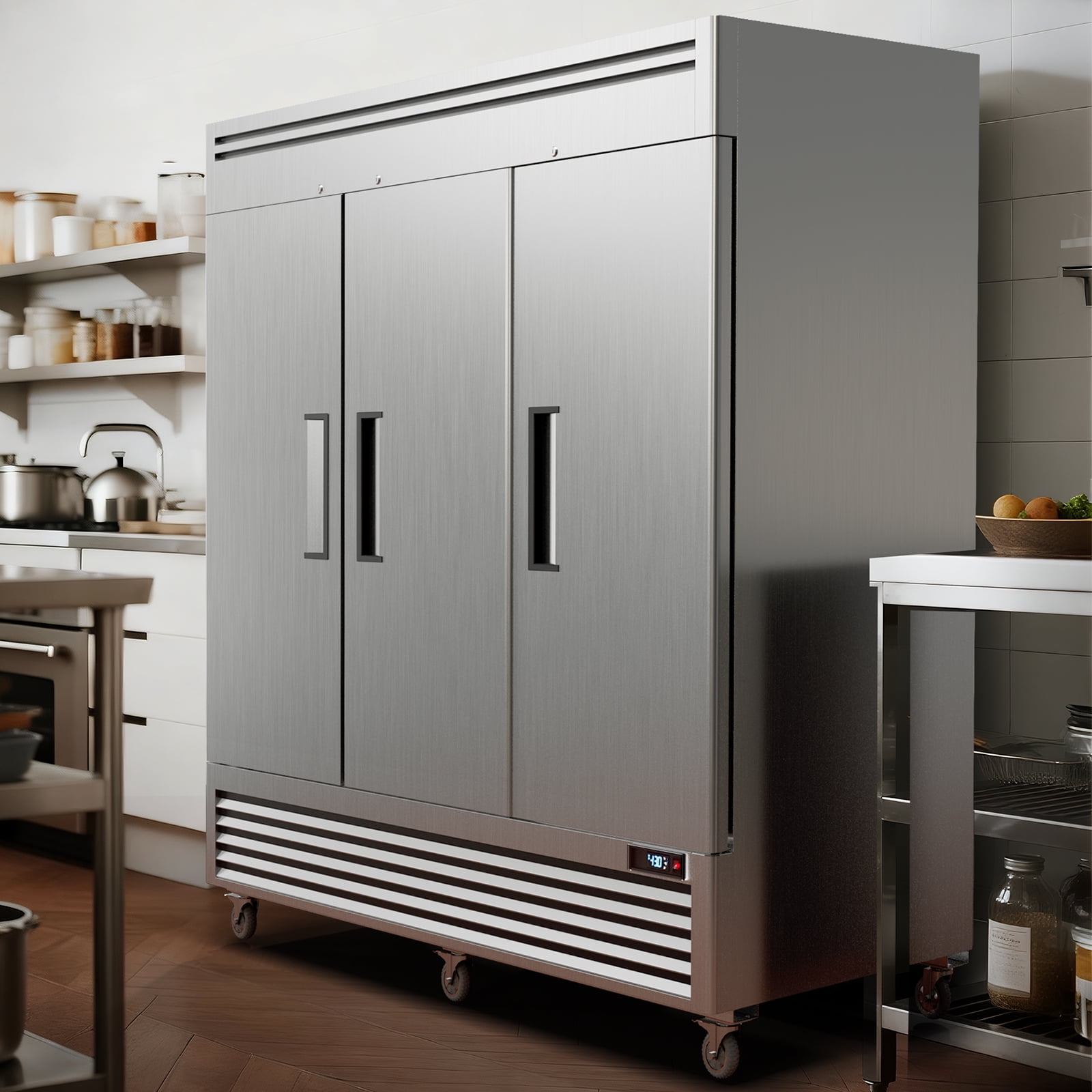 Coolake 82" Width Commercial Freezer 3 Solid Doors, 72 Cu.ft Stainless Steel Reach-in Upright Freezer with LED Lighting, Fan Cooling Freezer for Restaurant Cafe Hotel Kitchen Prep Area