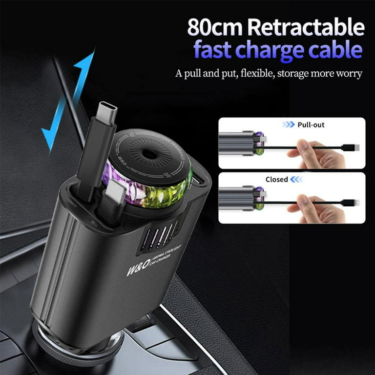 Retractable Car Charger 4-in-1 66W Starlight with USB-C & USB-A Ports – Fast Charging Adapter Compatible with iPhone 16/15/14/13/12/11, Samsung Galaxy, Android Devices