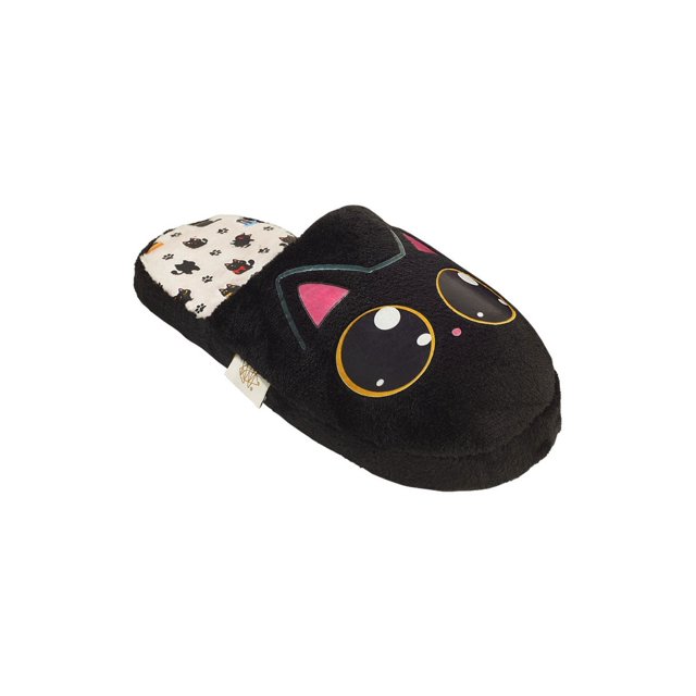 pantufla erizo dama gato negro mule de peluche con diseño de gato bordado y estampado interior, plataforma confort 15mm, forro lycra suave y peluche polar en la parte superior, suela EVA antideslizante ligera y cómoda. A menudo usada como calzado cómodo para uso doméstico y descanso.