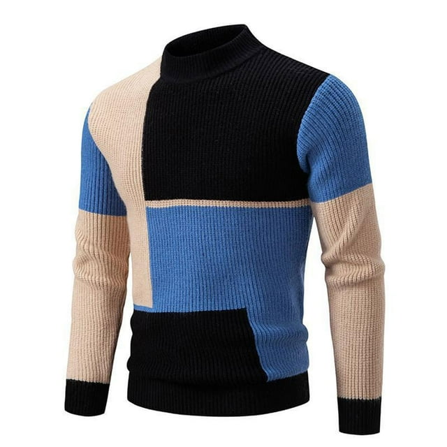 QIPOPIQ Chandail Décontracté pour Homme à Blocs de Couleur, Col Rond, Manches Longues, Chandail Thermique à Enfiler, Liquidation