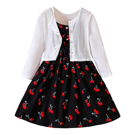 

TAIAOJING Toddler Baby Girl Boy Clothes Long Sleeve Solid Color Cardigan Coat Cherry Prints Dress Two Piece Set For Kids Clothes Outfits 7-8 Years