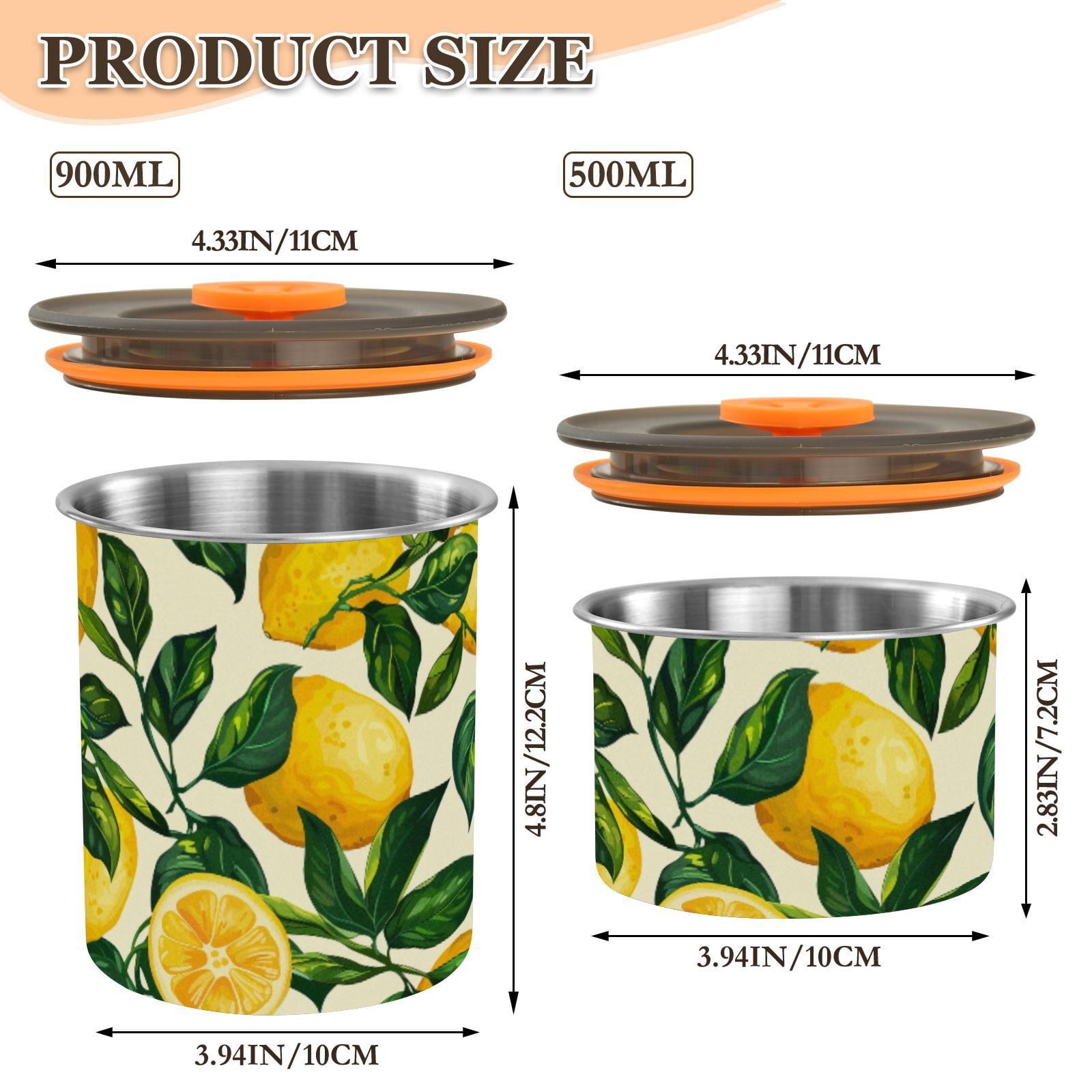 Lemon Leaves Airtight Coffee Bean Canister 30oz Food Storage Containers with Lids For Gournd, Tea, Sugar, Flour, Rice, Cereal, Candy Cookie Jar