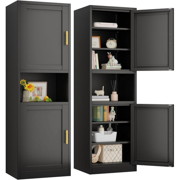 67" Tall Narrow Storage Cabinet Metal Bathroom Cabinet with 2 Doors & 4 Adjustable Shelves, Standing Pantry Cabinets Cupboard for Kitchen, Dining Room, Living Room and Bathroom (Black)
