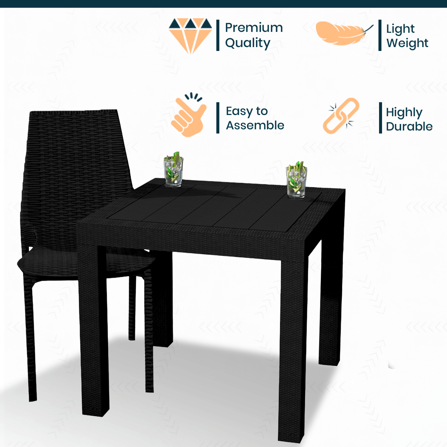 LeisureMod Kent Mid-Century Modern Weave Design 2-Piece Outdoor Patio Dining Set with Plastic Square Table and 2 Stackable Chairs for Patio, Poolside, and Backyard Garden (Black) - image 4 of 18