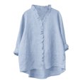 thumbnail image 2 of Tops for Women under $5 Cotton Linen 3/4 Sleeve V Neck Buttons Ruffles Summer Solid Shirts Light Blue, 2 of 6