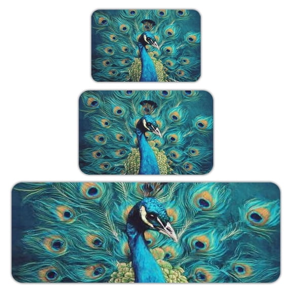 RKSupls Kitchen Rug Set 3 Piece Anti-Slip Flannel Floor Mats, Peacock Feathers Blue Washable Absorbent Runner Mats for Kitchen Bathroom Home Decor