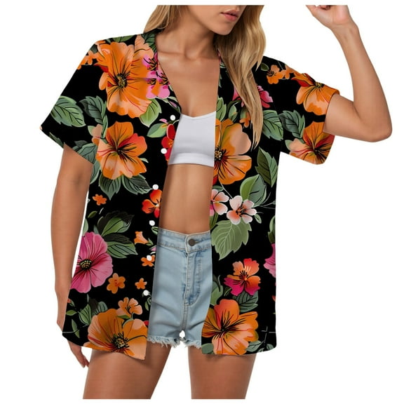 TOWMUS Women Hawaiian Shirts New Casual Tropical Floral Print Lapel Neck Button Up T-Shirt Summer Cardigan Short Sleeve