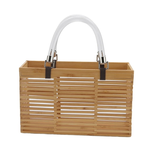 Fashionable Bamboo Handbag Summer Elegant Rectangular Hollow Tote Bag with Acrylic Handle for Shopping