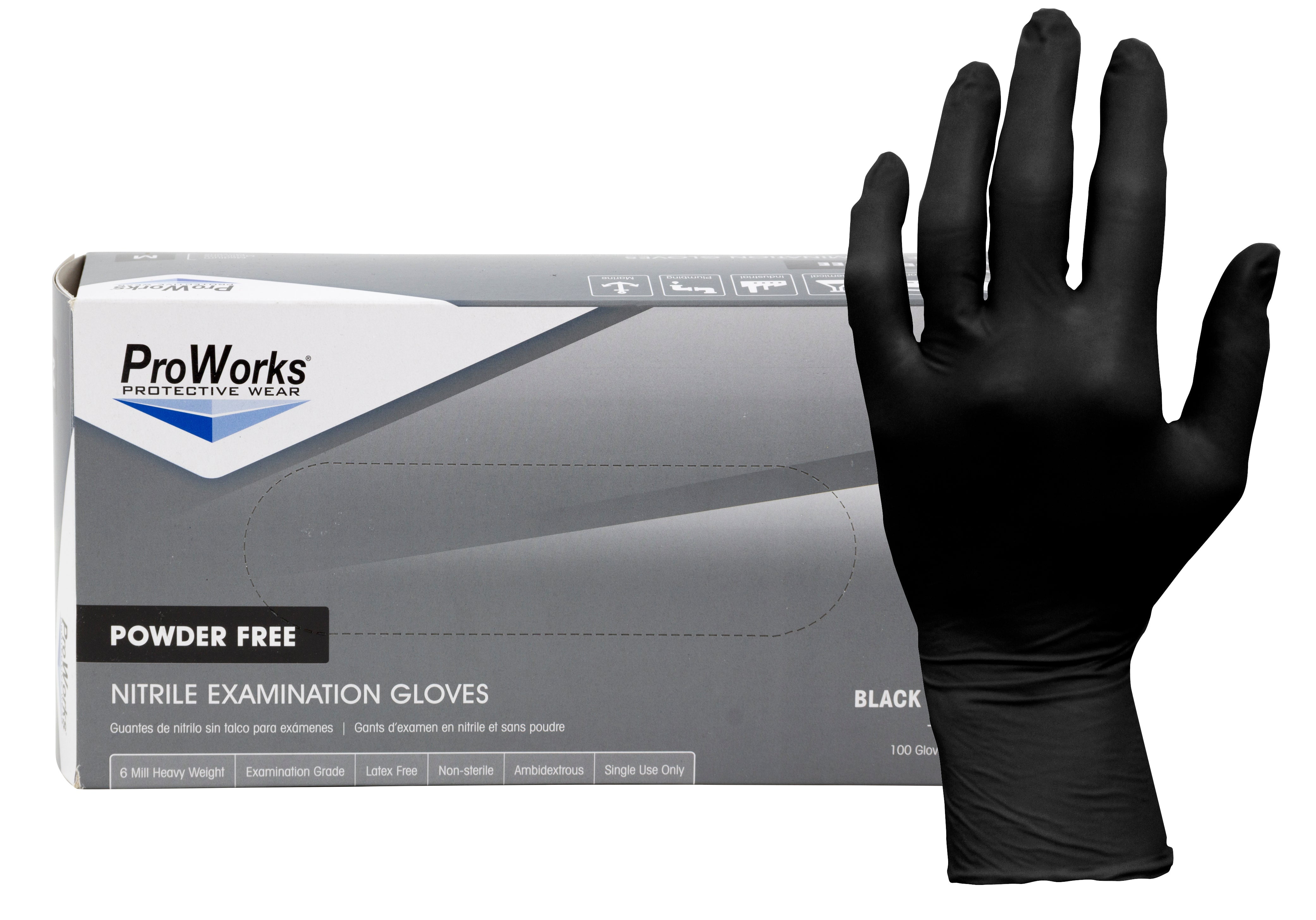 ProWorks® Nitrile Powder Free 7 Mil Exam Gloves, Black Lrg - Box of 100