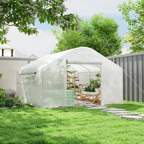 Outsunny 13' x 10' x 6.5' Hoop House Greenhouse with Large Windows, Large Walk-In Tunnel Green House with Upgraded Galvanized Steel Frame, White