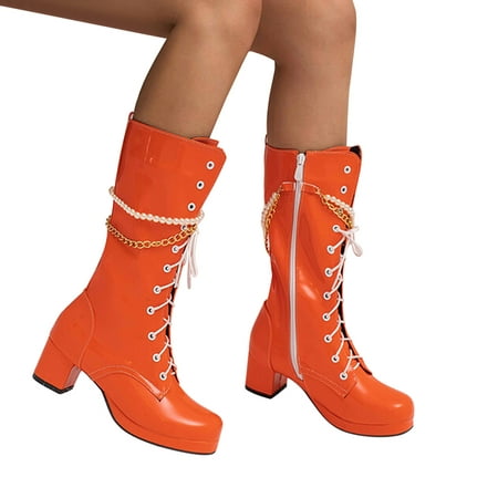 

Josdec Candy Color Small Fresh Pearl Beaded Tassel Thick Heel Leather Boots Knight Boots Christmas Winter Womens Boots Clearance Orange 42