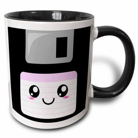 3dRose Kawaii Cute Happy Floppy Disk - Retro computer Nerd - Japanese Anime Smiley cartoon with pink label, Two Tone Black Mug, 11oz
