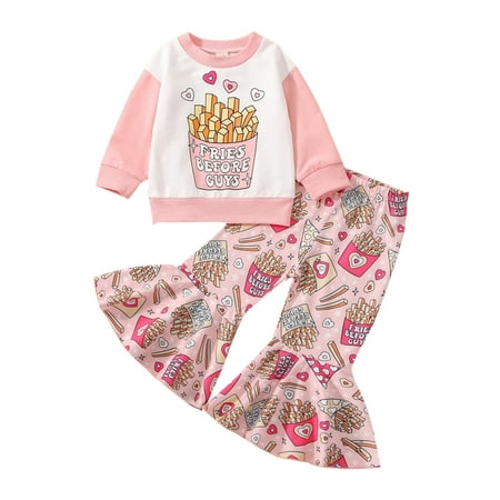 

Frobukio Valentine s Day Kids Toddler Girls Trousers Outfits Chips Letter Print Long Sleeve Sweatshirt Flare Pants Pink 18-24 Months