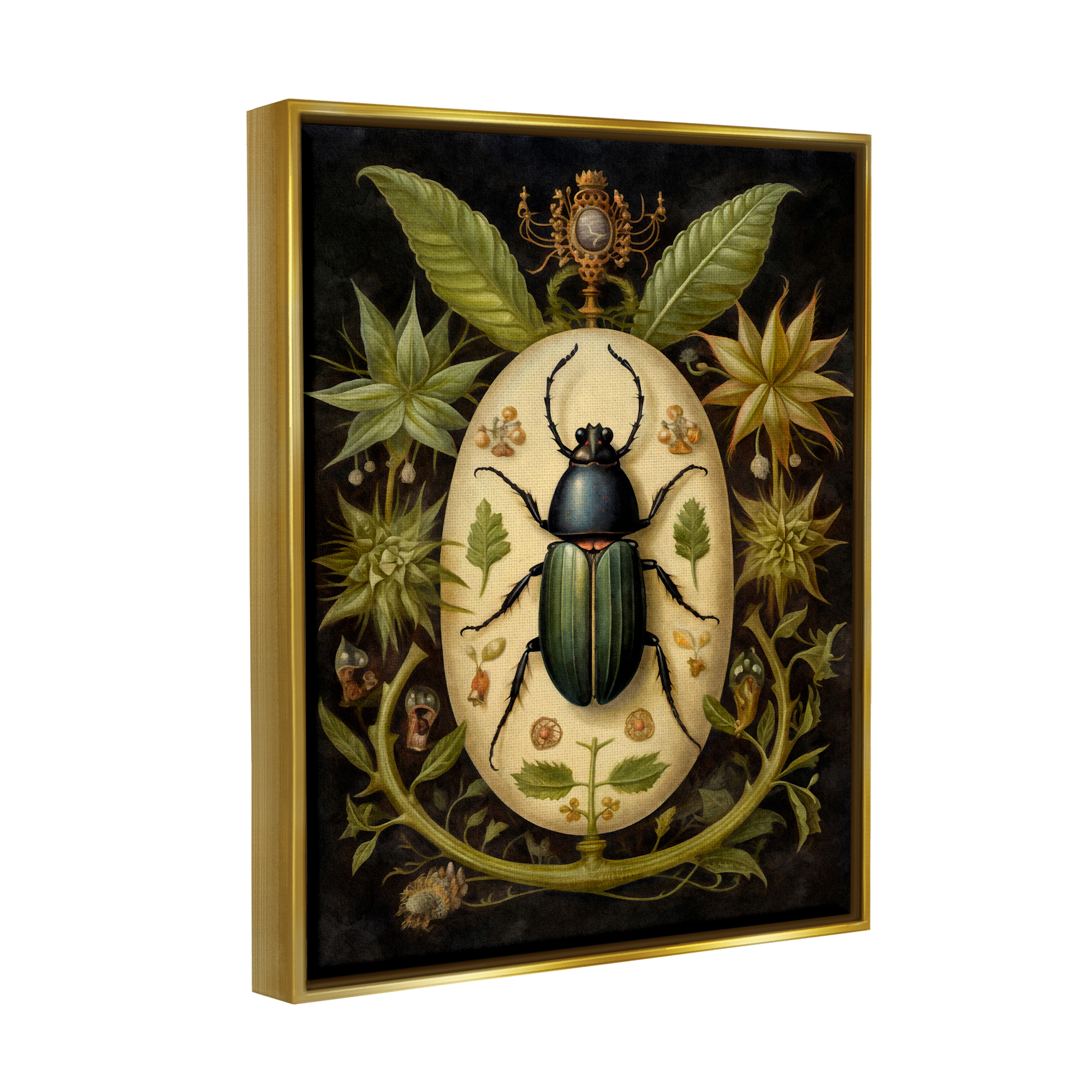 Stupell Industries Vintage Beetle & Botanicals Animals & Insects Painting Gold Floater Framed Canvas Art Print Wall Art, 25 x 31
