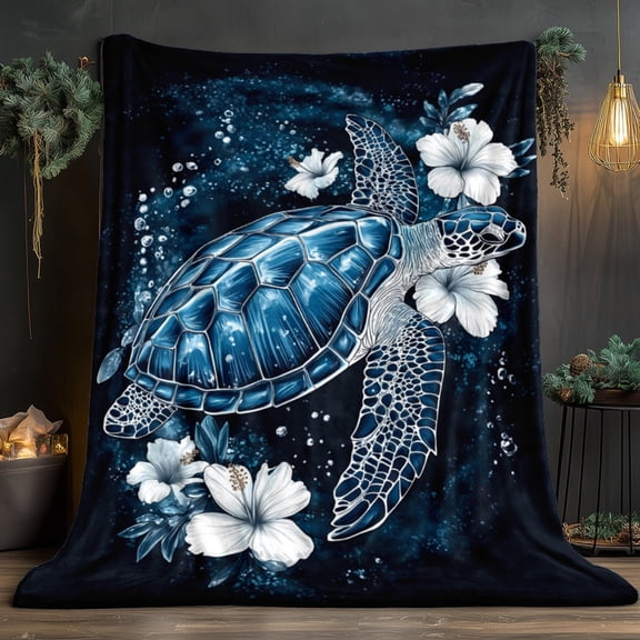 Lightweight Flannel Oceanic Decor Blanket - 1pc Sea Turtle & Floral Design Throw in Navy Blue/White/Black - All-Season Soft Warmth for Couch, Camping, Bed, Office - Marine Life Theme Home Decor Gift