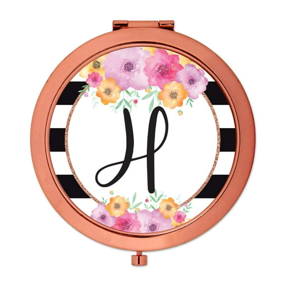 Koyal Wholesale Compact Mirror Bridesmaid's Wedding Gift, Rose Gold, Monogram Letter H, Modern Black White Stripes
