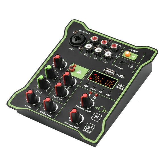 TFixol Compact 5-Channel Audio Mixer with Reverb, Bluetooth, USB, and 48V Phantom Power for Home Karaoke and Live Streaming