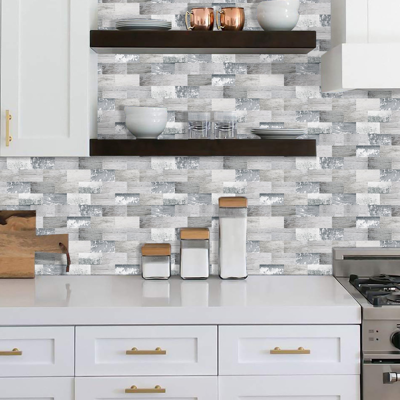 DEWOO 10-Sheet Peel and Stick Backsplash Wall Tile Self Adhesive, Stickon Tile for Kitchen Backplash, Bathroom Vanities, Fireplace Decor, Laundry Table, Stair Decals in Spruce Grey Rustic
