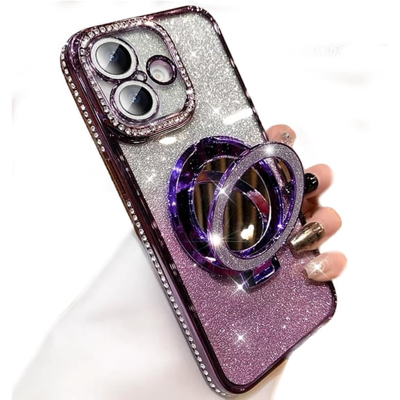for iPhone 16 Plus Magnetic Glitter Kickstand Case, [Compatible with MagSafe] Girly Woman Makeup Mirror Cute Bling Rhinestones Cover   Camera Protector Ring Stand for iPhone 16 Plus (Purple)