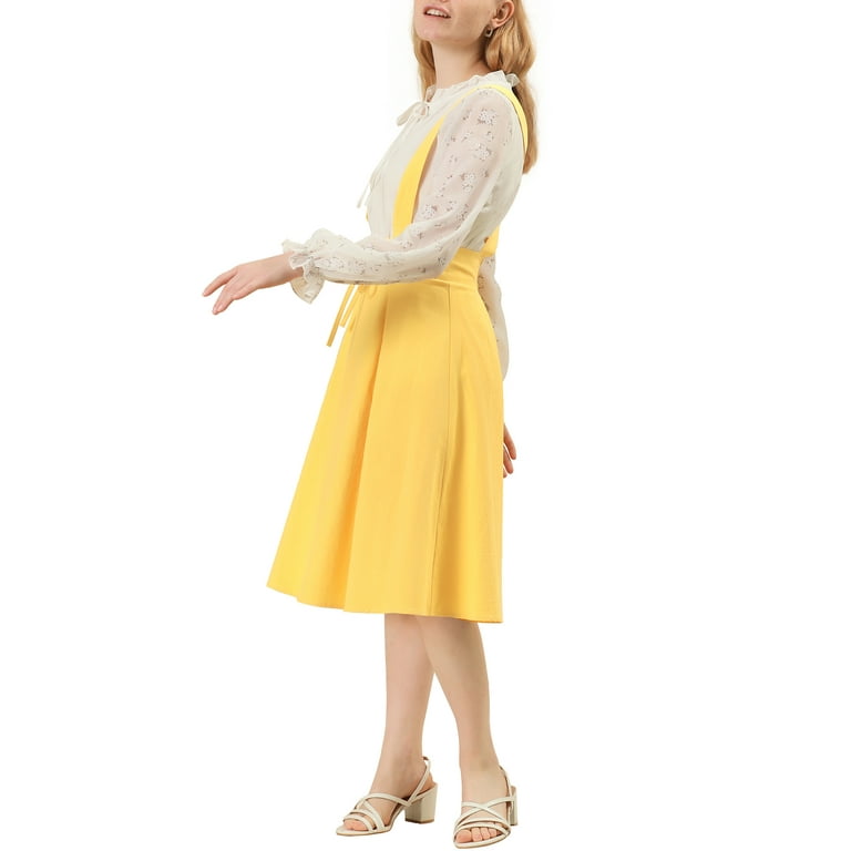 Suspender Braces Skirt Elastic Waist Overall Dress Yellow M