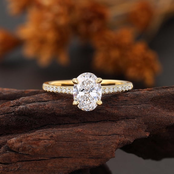 Oval Cut Lab Diamond Engagement Ring, Yellow Gold Wedding Ring, Micro Pave Bridal Ring, Half Eternity Ring Women, Anniversary Promise Ring