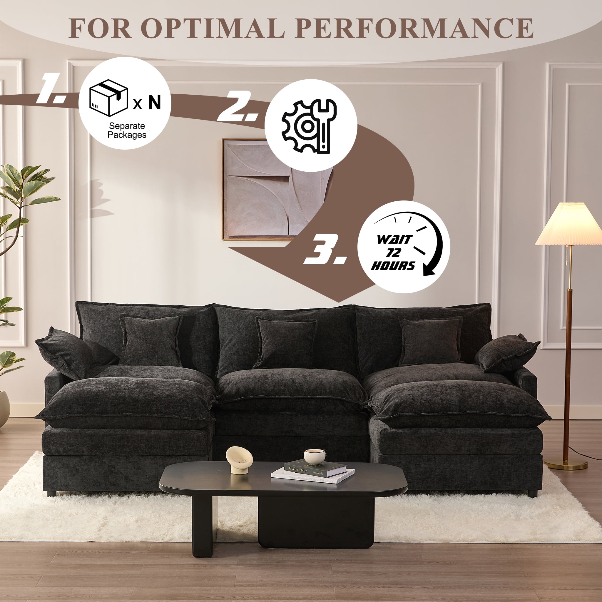 LAKPS 3-Seat Sectional Sofa Couch, Cloud-Style Deep Seating Sleeper Sofa with Included Throw Pillows, Chenille Fabric Upholstery, Modern Living Room Sofa, Black