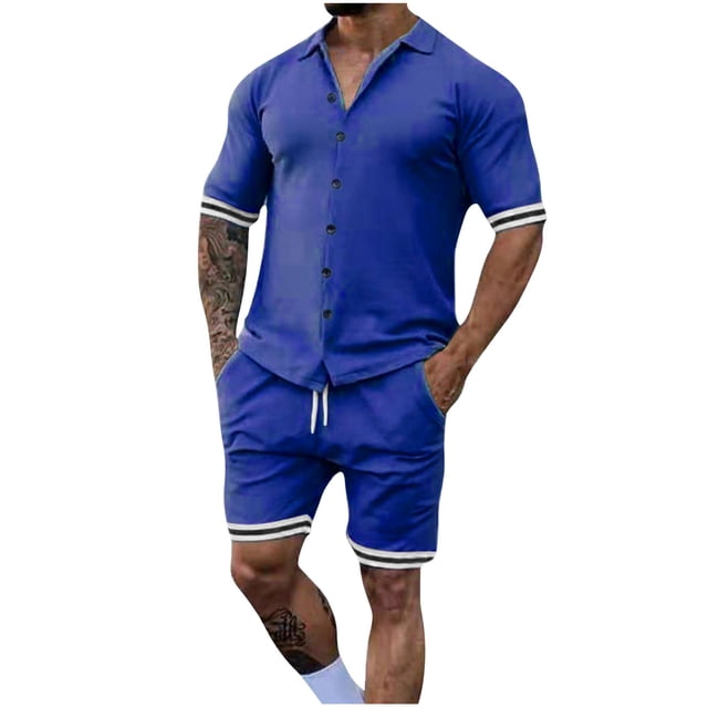 Mangas de Mano para Hombres, Color Sólido Botón de Solapa de Manga Corta Cardigan Y Pantalones Cortos Conjunto de Traje Deportivo Hecho de Poliéster, Conjunto de Traje para Hombre