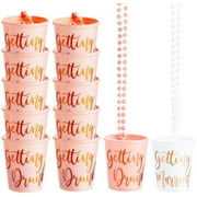 Set of 12 Beaded Bachelorette Shot Glass Necklaces for Bridal Shower, White Bride Cup and Pink Bridesmaids Glasses, Gold Foil Design