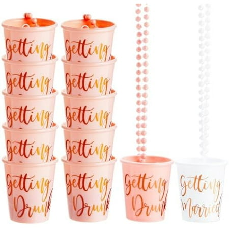 Set of 12 Beaded Bachelorette Shot Glass Necklaces for Bridal Shower, White Bride Cup and Pink Bridesmaids Glasses, Gold Foil Design