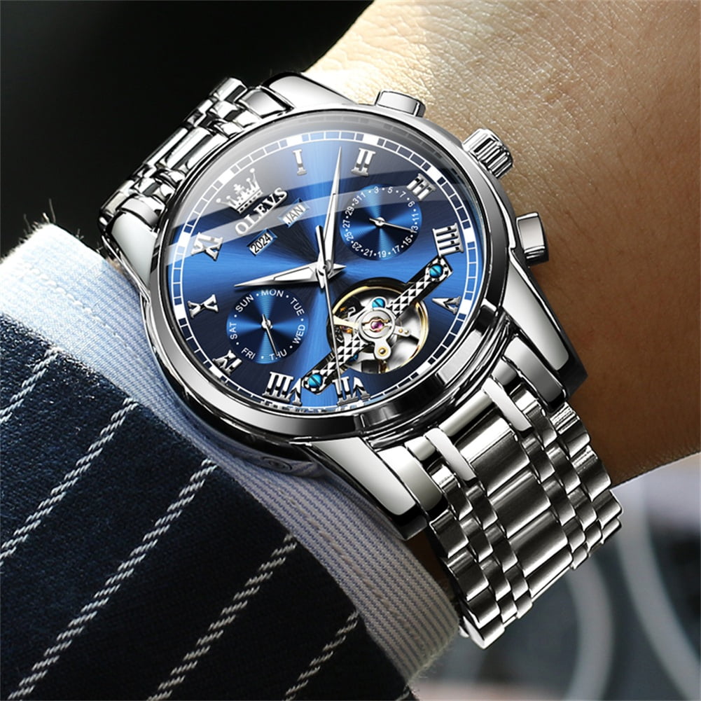 OLEVS Automatic Watches for Mens Self-Winding Mechanical Chronograph Classic Fashion Business Tourbillon Skeleton Stainless Steel Waterproof Luminous Mens Wrist Watches Reloj Para Hombre